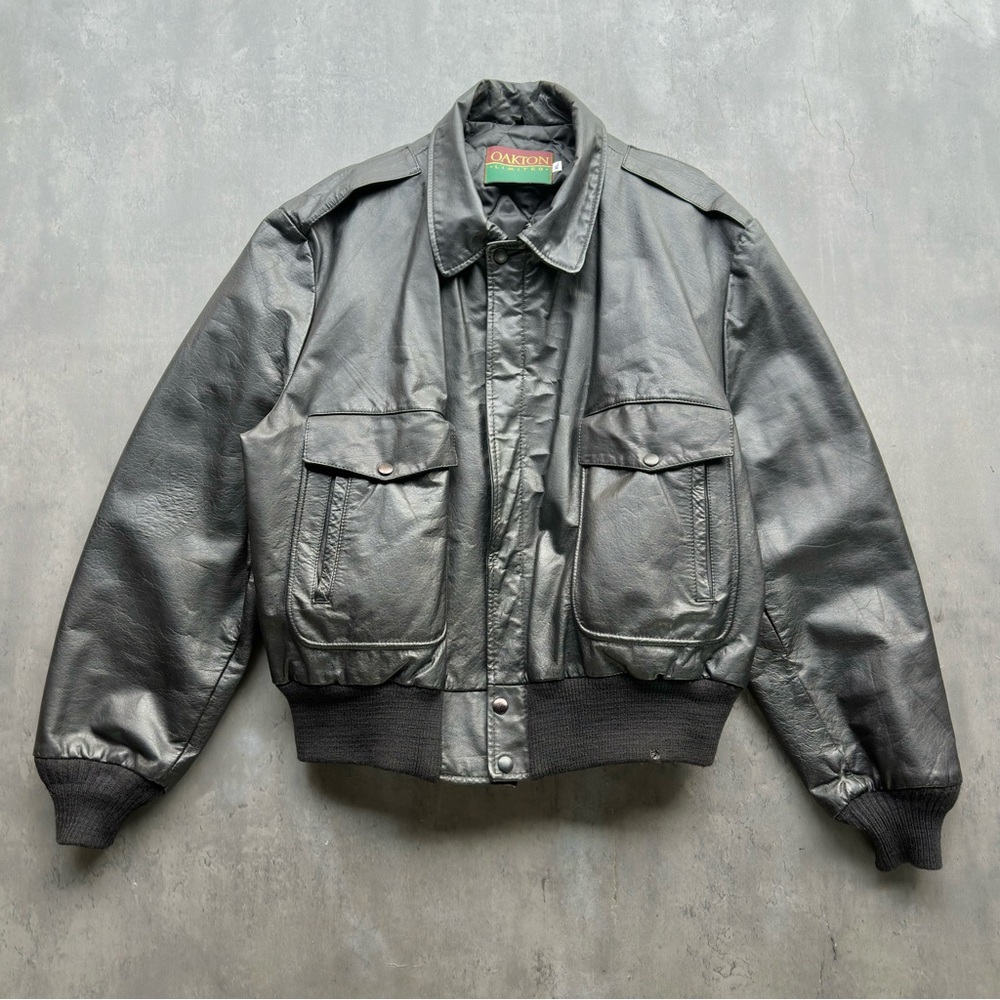 Vintage Oakton Limited Leather Bomber Jacket Mens XL Black Quilted Lined